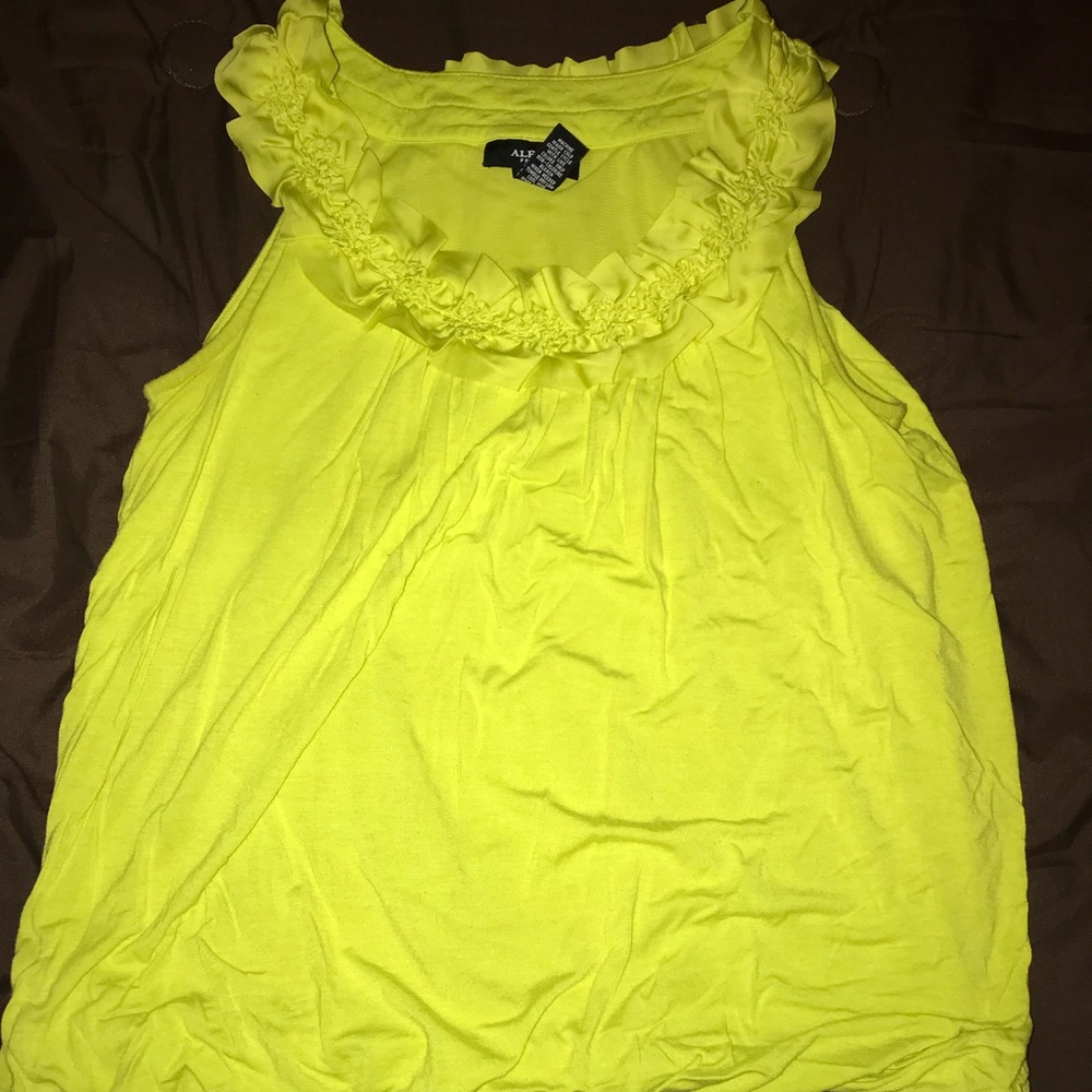 Neon Yellow Blouse, sleeveless, flowered neck